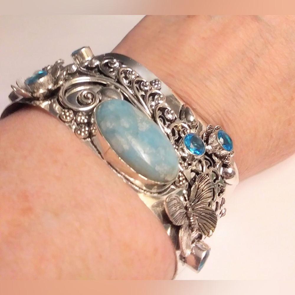 Larimar Blue Topaz 925 Sterling Silver Cuff Bracelet